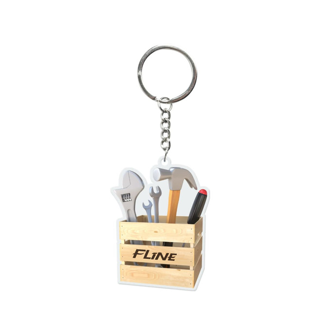 A custom-shaped acrylic keyring featuring a wooden crate filled with tools, including a wrench, hammer, and screwdriver.