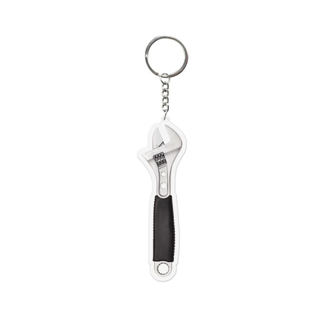 A customised acrylic keyring shaped like a silver adjustable wrench, featuring a black grip. It has a metal keyring attachment.