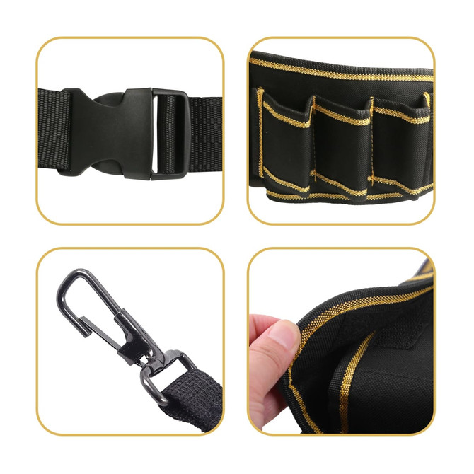 A black waist tool bag with multiple pockets, a buckle closure, and a secure clip. Features yellow stitching.