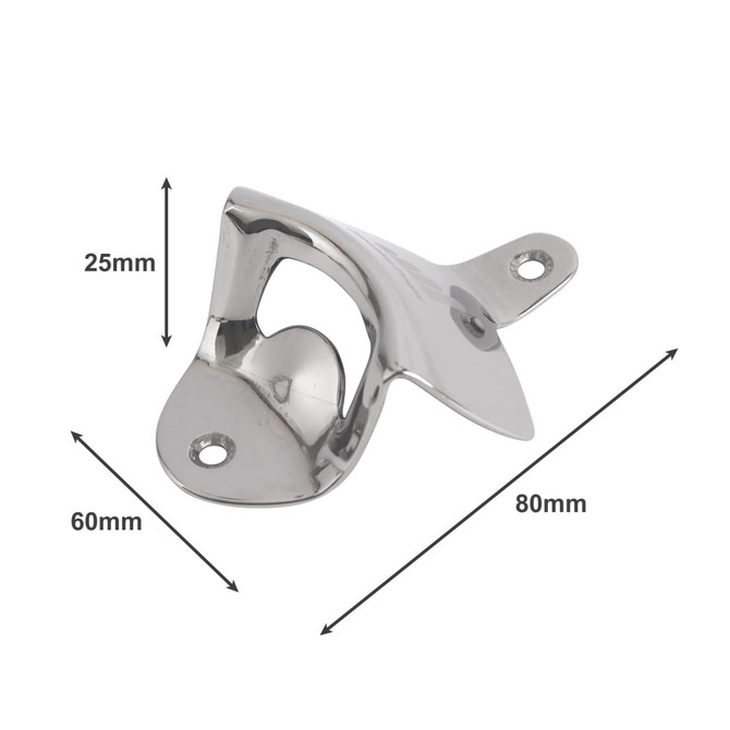 A drink bottle opener in shiny silver metal, featuring a wall mount design with dimensions indicated.