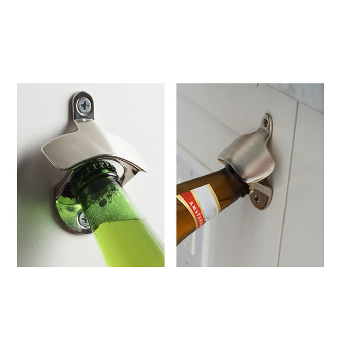 A drink bottle opener is mounted on a wall, featuring a sleek silver design with a green bottle inserted.