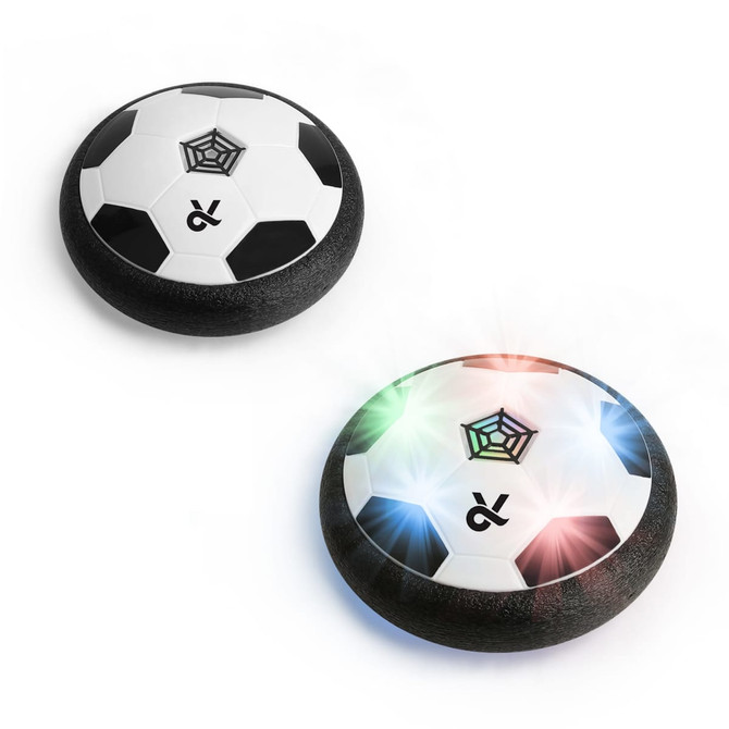 A hover soccer ball set in black and white features a smooth, glowing surface with a logo.