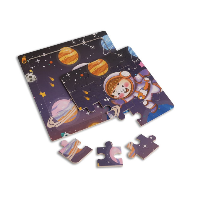 A colourful wooden jigsaw puzzle featuring a space theme with planets and an astronaut, with several loose pieces displayed.