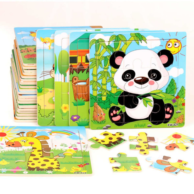 A collection of colourful wooden jigsaw puzzles featuring animals like a panda and giraffe, with various pieces displayed.