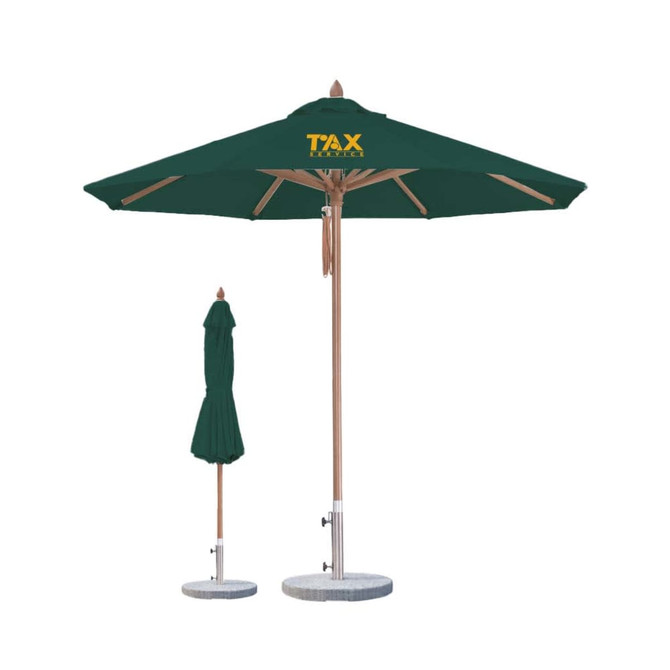 A green octagon outdoor umbrella with a wooden frame and a stone base, featuring a logo on the canopy.