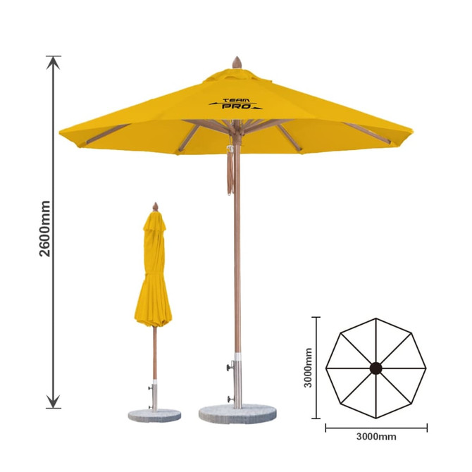 A yellow wind-resistant octagon outdoor umbrella with a wooden pole and a matching cover on a stand.