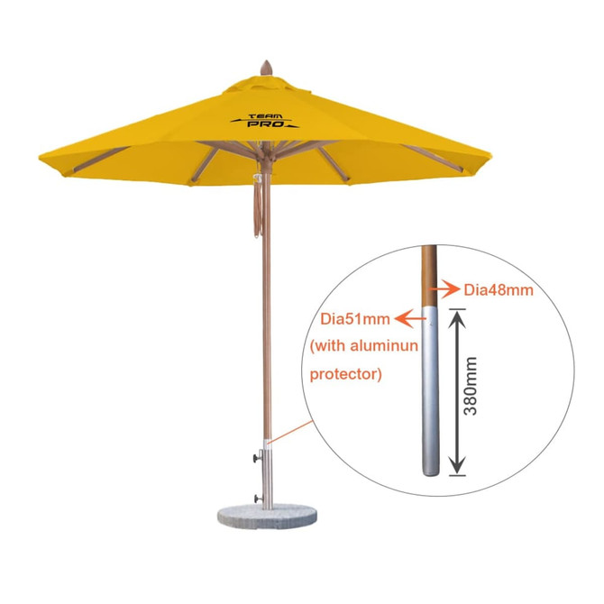 A yellow, wind-resistant octagon outdoor umbrella with a silver pole and a circular base. Features a logo.