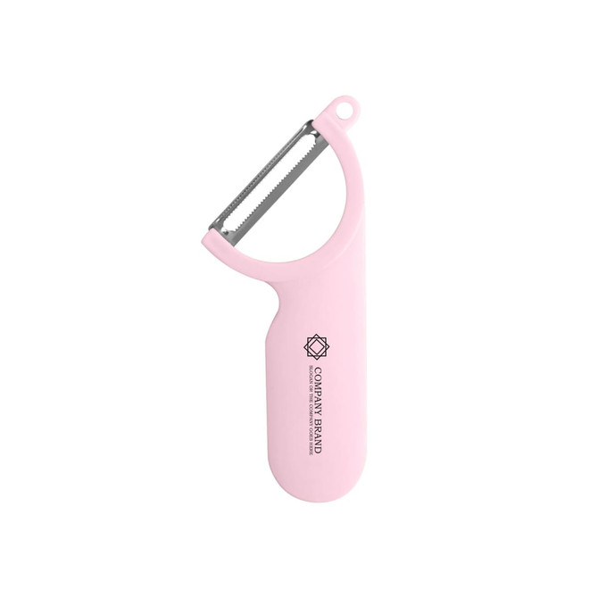 A pink peeler with a stainless steel blade and a handle featuring a logo.