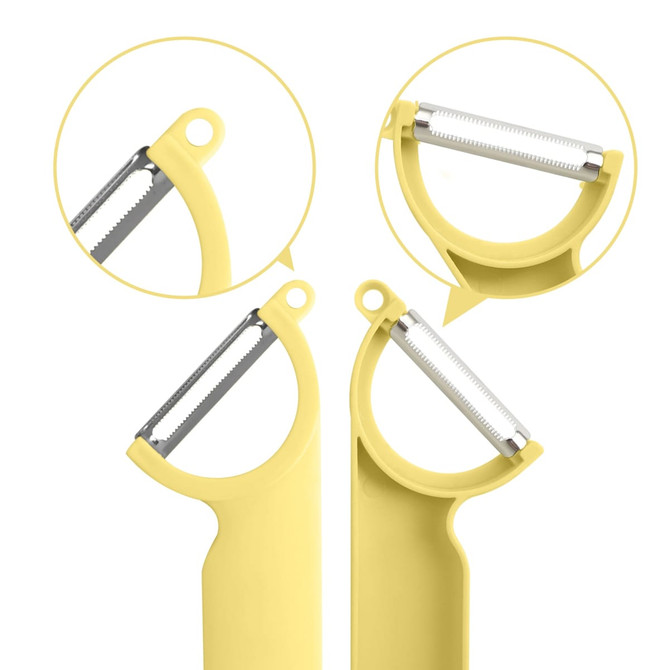 A yellow peeler with a stainless steel blade, featuring close-up views of the blade and handle.