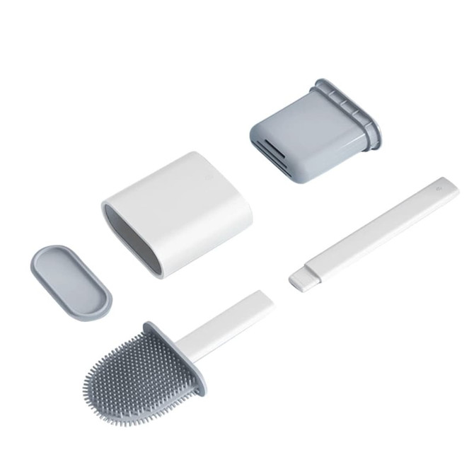 A silicone toilet brush set in white and grey, featuring multiple components including a handle and storage holder.