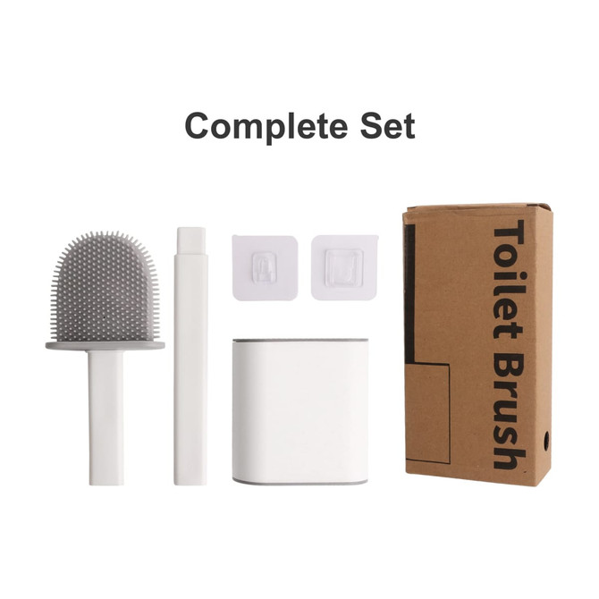 A silicone toilet brush set in white and grey, including a holder, brush, and wall mounts. Box features branding.