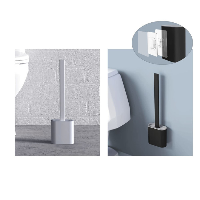 A silicone toilet brush in white and black, showcased on a bathroom floor and attached to a wall.