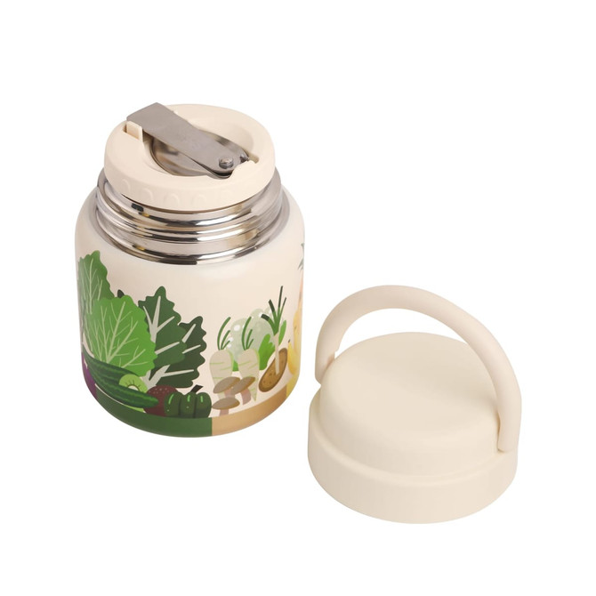 A stainless steel vacuum insulated food jar in cream, featuring a decorative leaf design and a removable lid.