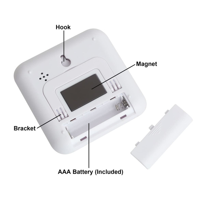 A digital kitchen timer in white featuring a hook, magnet, and bracket, with a compartment for an AAA battery.