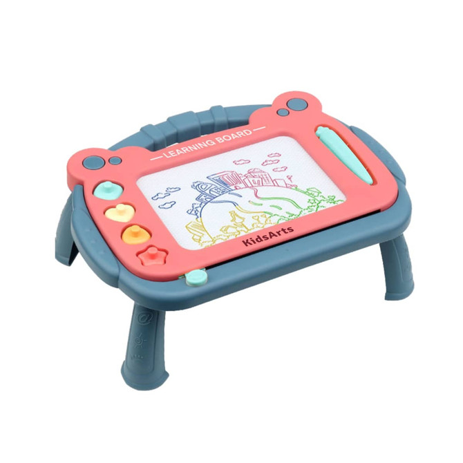 A magnetic drawing board with a blue and coral design, featuring a stand and colourful buttons.