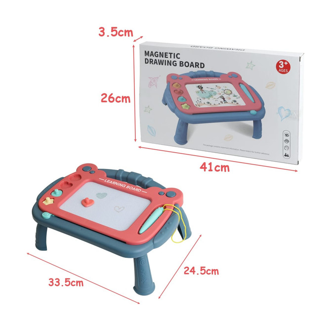 A magnetic drawing board with a stand in red and blue, featuring a drawing surface and various shapes. Includes packaging.