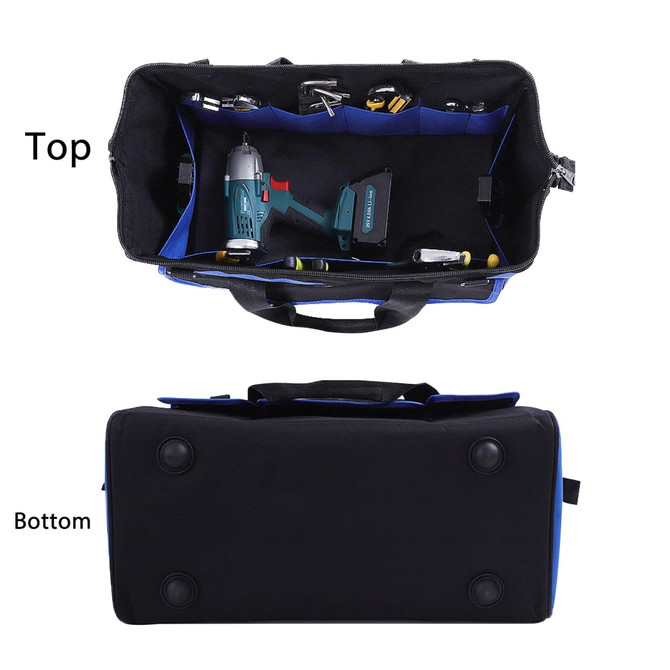 A black and blue tool bag featuring multiple compartments for tools and a sturdy base. Includes a logo.