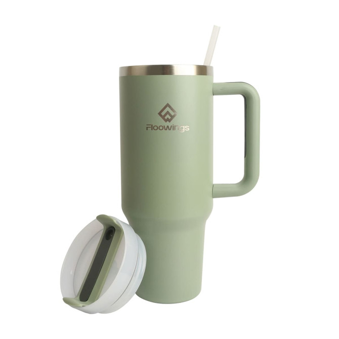 A drink bottle in light green with a stainless steel lid and straw, featuring a handle and a logo.