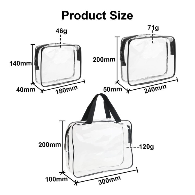 A clear toiletry bag in various sizes, featuring black accents and handles for easy carrying.