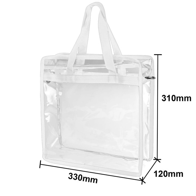 A clear tote bag with a white shoulder strap, featuring dimensions of 330mm x 310mm x 120mm.
