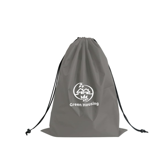 A grey travel laundry bag with a drawstring closure and a logo.