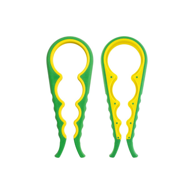 A multi-purpose jar opener with a green and yellow design, featuring a textured grip for easy handling. Includes a logo.