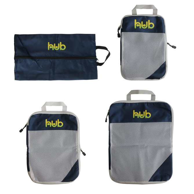 Navy blue packing cubes in various sizes, featuring mesh panels and a logo, laid out in a flat arrangement.