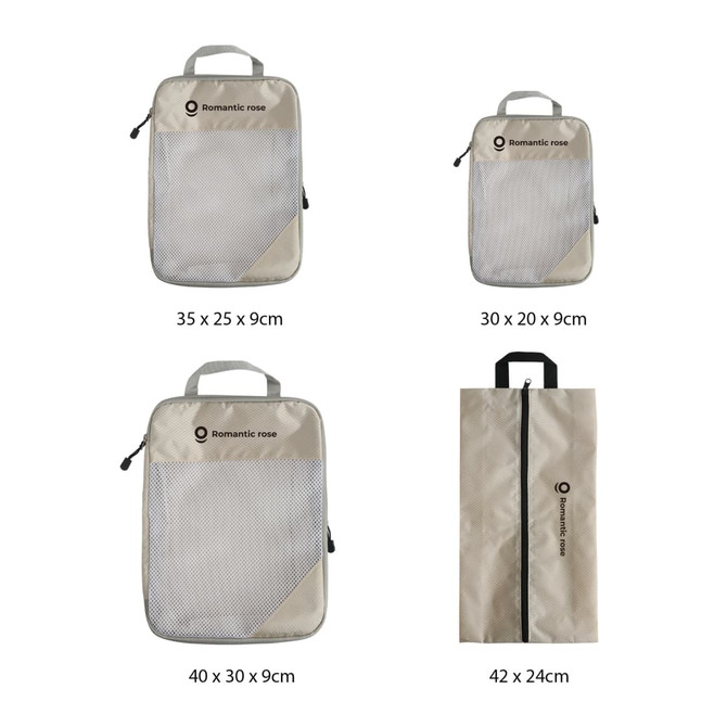 Four travel packing cubes in various sizes and shapes, featuring a beige colour and mesh panels. Each has a logo.