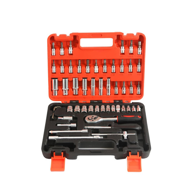 A mechanic socket set in a red and black case featuring various sockets, a ratchet, and additional tools.