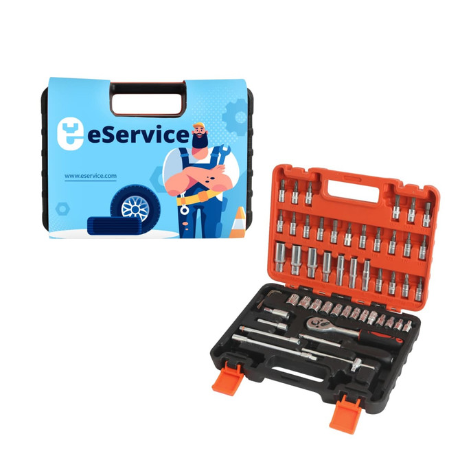 A mechanic socket set in a black and orange case with various sizes of sockets and a tool, packaged in a branded box.