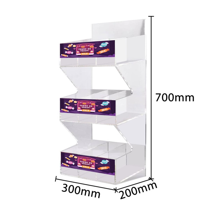 A clear acrylic display stand with three levels, measuring 700mm tall, 300mm wide, and 200mm deep.