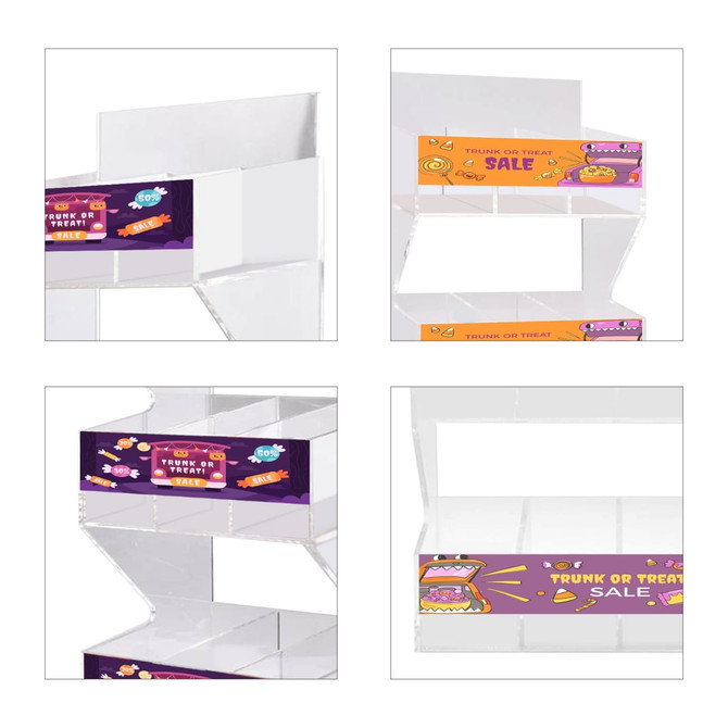 A custom acrylic display featuring three levels with colourful, vibrant designs and assorted logos.