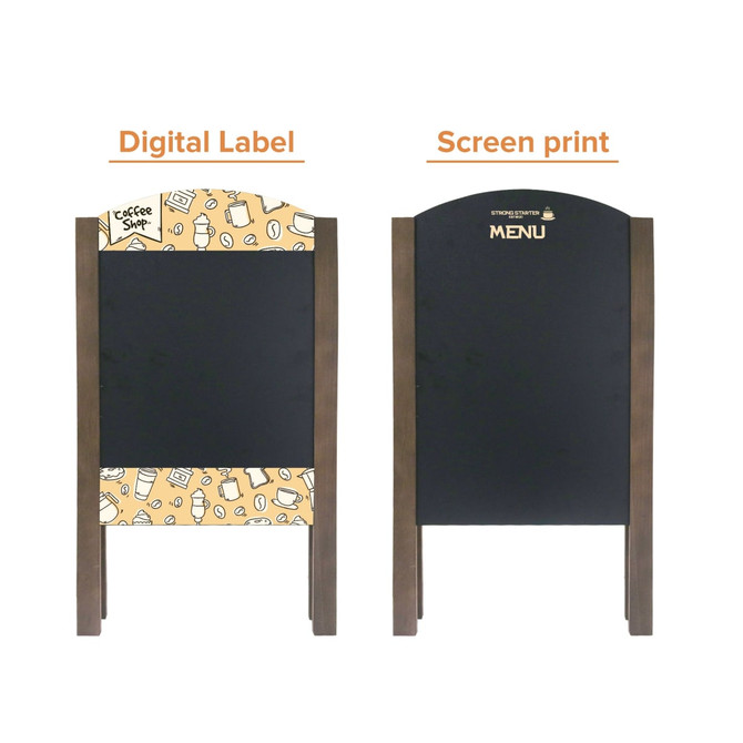 A-frame chalkboards featuring a black writing surface and decorative borders in brown wood. One side has digital design, the other screen print.