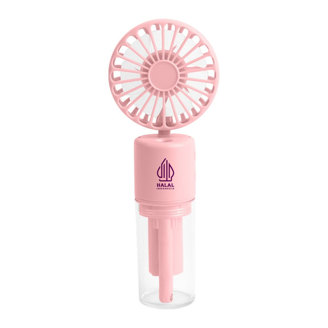 A pink neck spray fan with a circular fan head and a transparent water bottle base, featuring a logo.