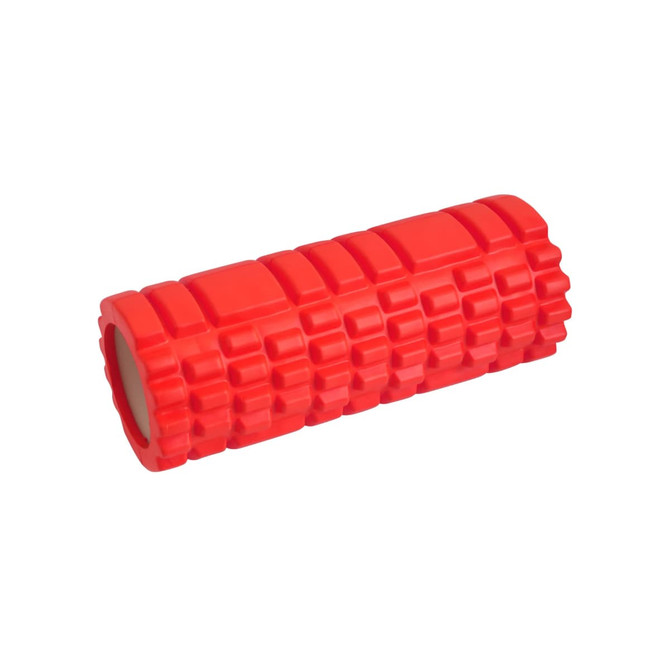A red foam yoga roller featuring a textured surface and a cylindrical shape, with a logo visible.