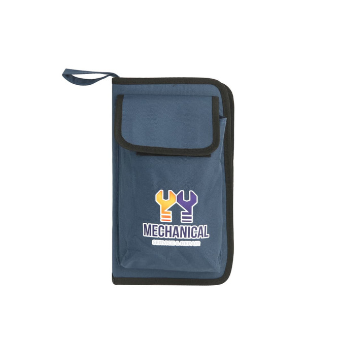 A tool kit bag in dark blue with a zippered closure and a front pocket, featuring a logo.