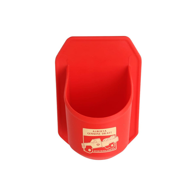 A red shower stubby holder with a rounded shape and a logo. Ideal for holding drink bottles securely.