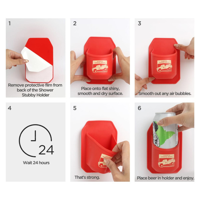 A red Shower Stubby Holder with step-by-step instructions and a logo. It shows hands applying a protective film.