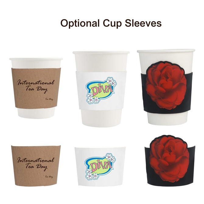 Custom disposable double wall paper cups in white, featuring various optional cup sleeves with floral and graphic designs.