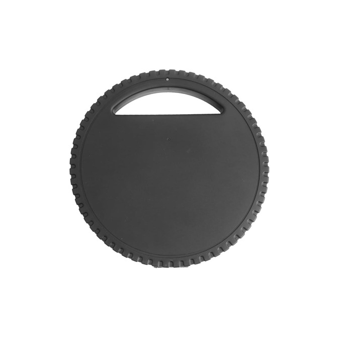 A round black car wheel tool kit with a textured grip and a handle on top.