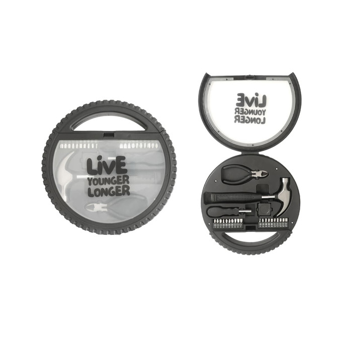 A circular black tool kit featuring various tools including pliers and multiple screwdriver heads, with a branded lid.