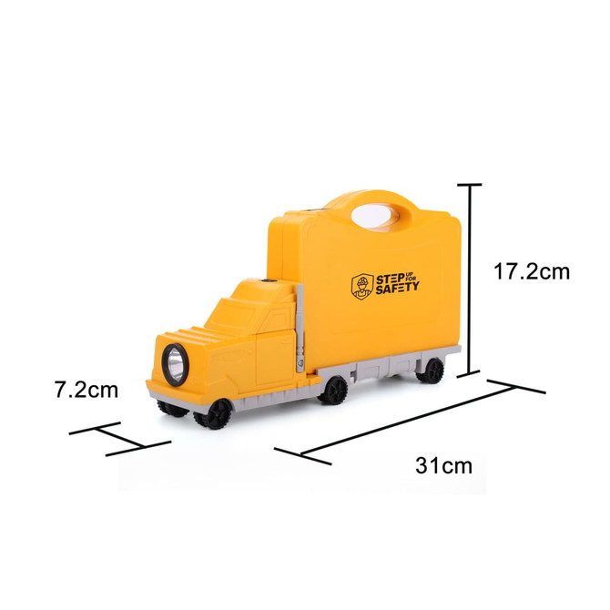 A yellow truck-shaped toolkit with dimensions, featuring a handle and wheels, includes a light at the front.