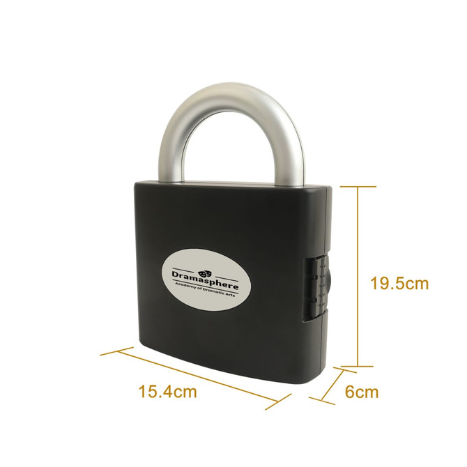 A padlock-shaped toolkit in black with a silver handle, featuring a logo on the front. Measures 19.5 cm by 15.4 cm.