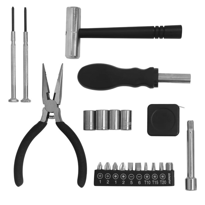 A padlock-shaped toolkit featuring silver tools, black pliers, and various screws and bits arranged neatly.