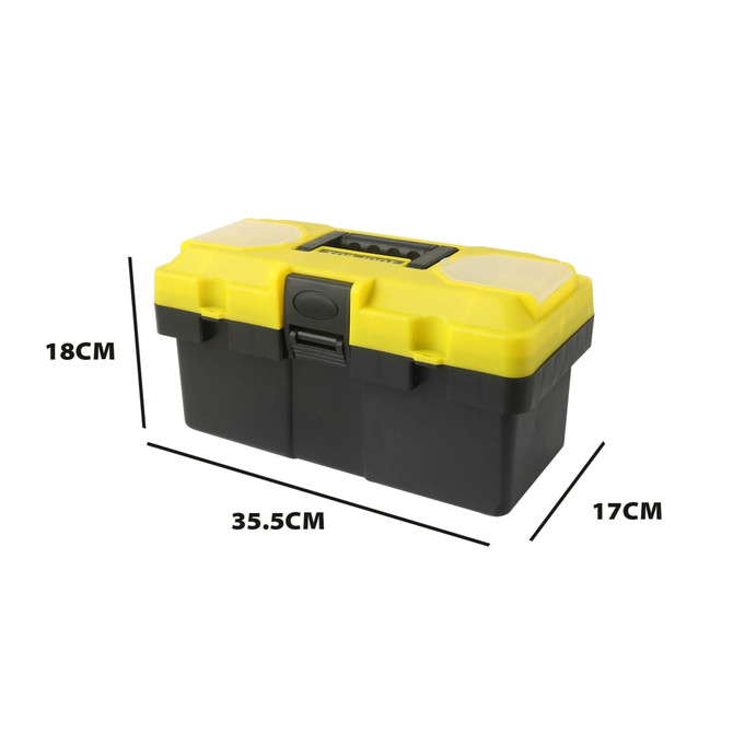 A tool box in black and yellow, featuring a sturdy handle and two secure latches, measuring 35.5 cm wide.