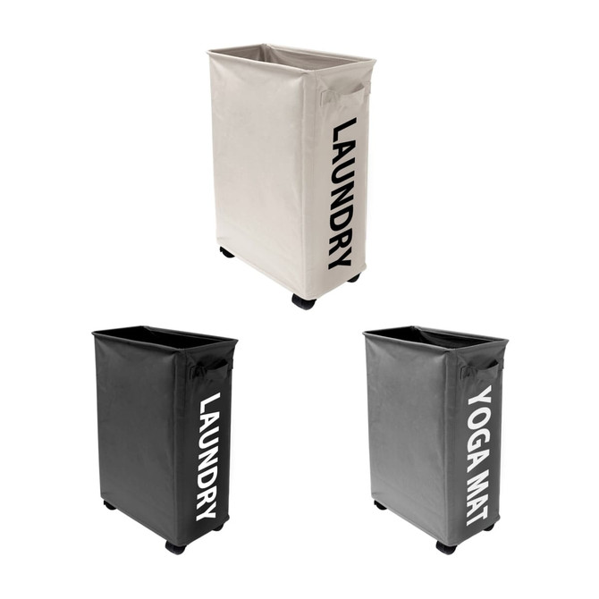 A laundry basket with wheels in white and black, labelled 'LAUNDRY' and 'YOGA MAT', featuring a logo.