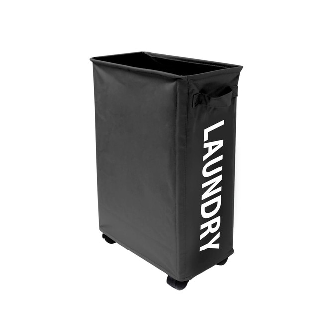 A black laundry basket with wheels, featuring the word "LAUNDRY" printed on the side. It has handles for easy movement.