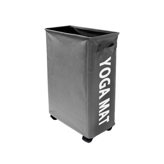 A grey laundry basket with wheels, featuring a handle and a logo on the side.