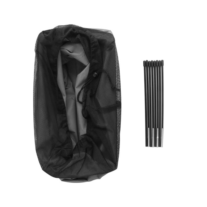 A black mesh laundry basket with a grey interior, accompanied by several black support rods.