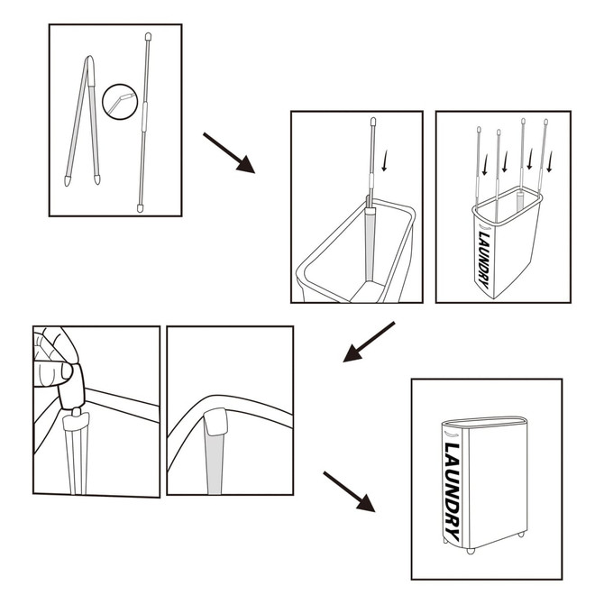 A laundry basket with wheels, featuring a simple design in white with a black branding logo. Instructions for assembly included.